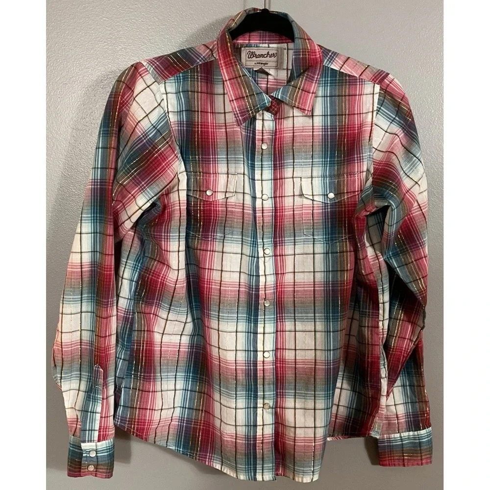 WRANGLER Wrancher Women's Button Up Blouse Plaid Sz L Pink Aqua Gold Western